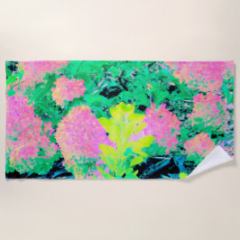 Toalha De Praia Jardim de Hydrangea rosa com folhagem amarela