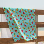 Toalha De Praia Kawaii Bonito Sorrindo Abacaxi e Padrão de Melanci<br><div class="desc">Uma toalha de praia com padrão de fruta tropical adorável apresenta um padrão alover de abacaxi sorridente e melancias em um fundo de turquesa de verão. Um design bonito e esquisito para quem ama o estilo kawaii.</div>