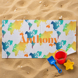 Toalha De Praia Kids Colorful World Map Custom Name Monogram