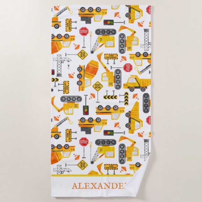 Toalha De Praia Kids Watercolor Construction Vehicle Personalizado (Frente)