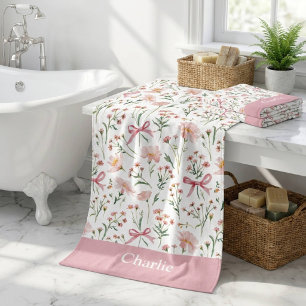 Toalha De Praia Laços e Flores Rosa Personalizados