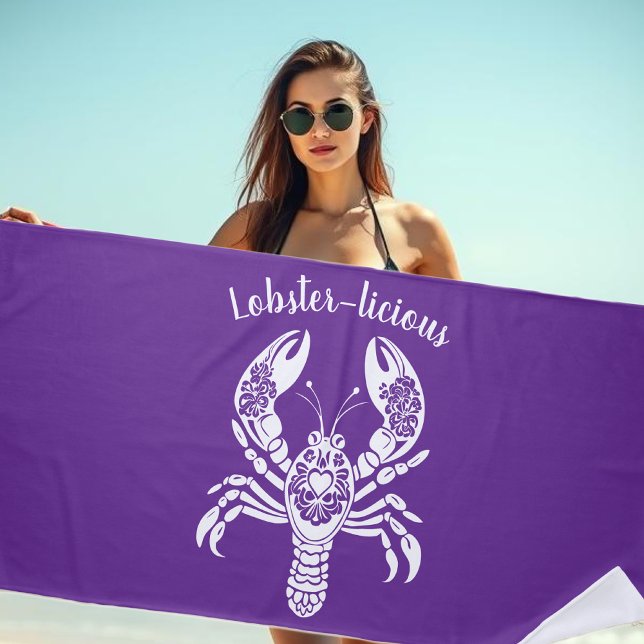Toalha De Praia Lagosta-Pescador Core-Havaí-Roxo Tropical (Lobster-Fisherman Core-Hawaiian-Tropical-Summer-Beach Towel-Purple)