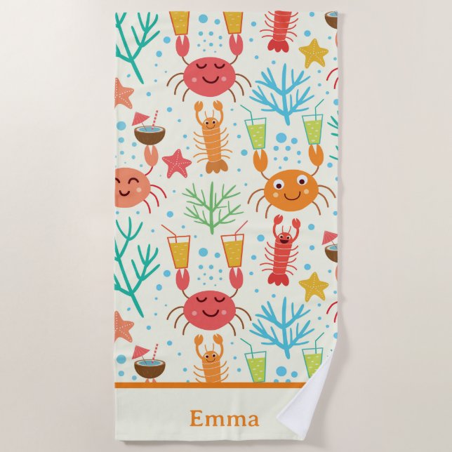 Toalha De Praia Lagostas Kawaii Engraçadas e Crianças Personalizad (Frente)