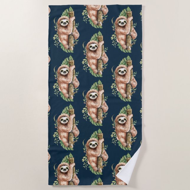 Toalha De Praia Lama-marrom-branca e Folhas Tropicais Aquarela (Frente)