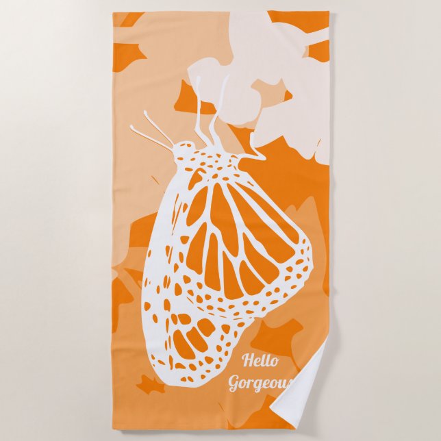 Toalha De Praia Laranja Divertido Olá Linda Borboleta Monarca (Frente)