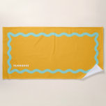 Toalha De Praia Laranja e Ondulação Aquática com Texto<br><div class="desc">Uma interpretação atual da moldura de linha ondulada em azul aqua sobre um fundo laranja suculento com uma linha simples de texto editável para fácil personalização com um nome ou título de evento.</div>