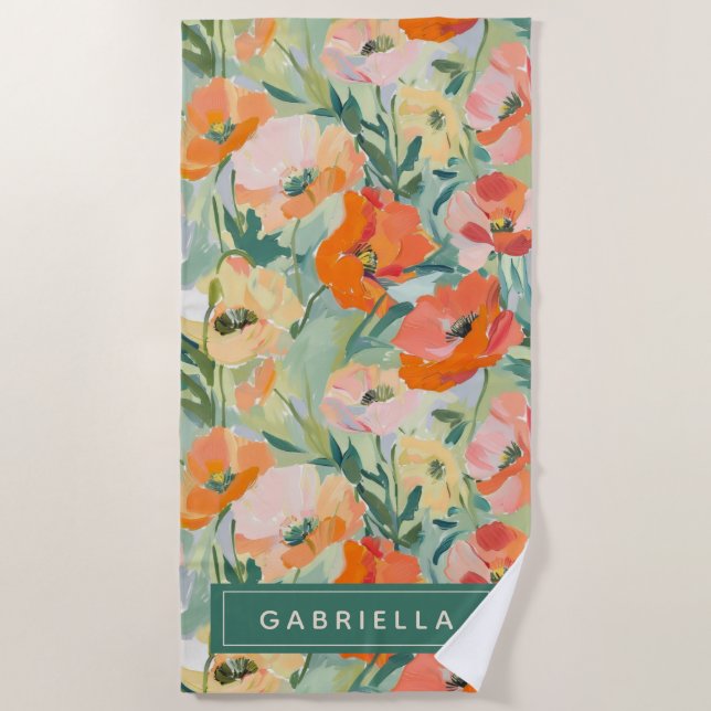 Toalha De Praia Laranja Personalizado Floral Abstrato Papoula (Frente)