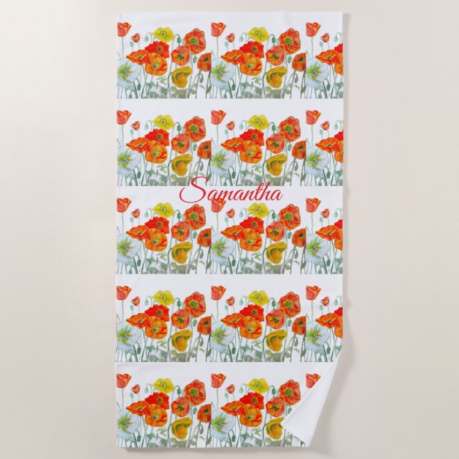 Toalha De Praia Laranja Vermelho Amarelo Pópia Aquarela Nome Rapar (Frente)