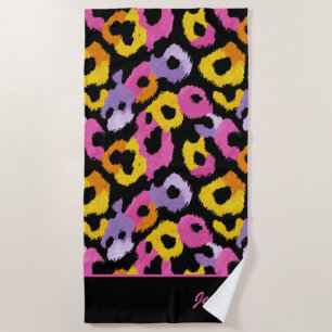 Toalha De Praia Leopardo Colorido Impressão Retrovisor Nome Monogr