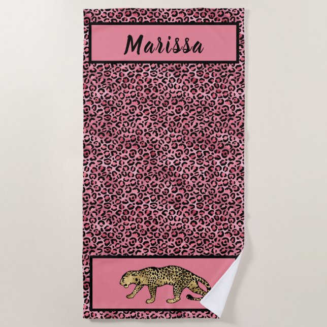 Toalha De Praia Leopardo Dourado Rosa-Chic Personalizado (Frente)