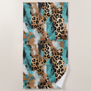 Toalha De Praia Leopardo Negro Dourado Turquesa