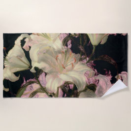 Toalha De Praia Lilases Brancas em Arte Floral de Fundo Escuro