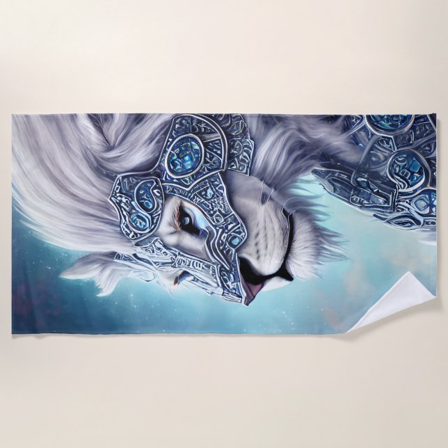 Toalha De Praia Linda Leão do Guerreiro Armado Branco (Frente)