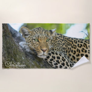 Toalha De Praia Linda Leopardo em uma árvore personalizada