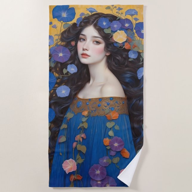 Toalha De Praia Linda Mulher Com Glórias Da Manhã (Frente)