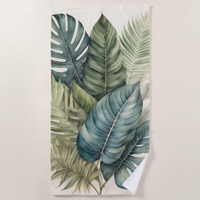 Toalha De Praia Linda Watercolor, Foliage Tropical Banana, Palm (Frente)