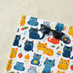 Toalha De Praia Lindos gatos kawaii brincando com brinquedos branc