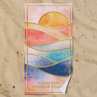 Toalha De Praia Linha de Arte Dourada do Pôr do Sol Costeiro Nome 
