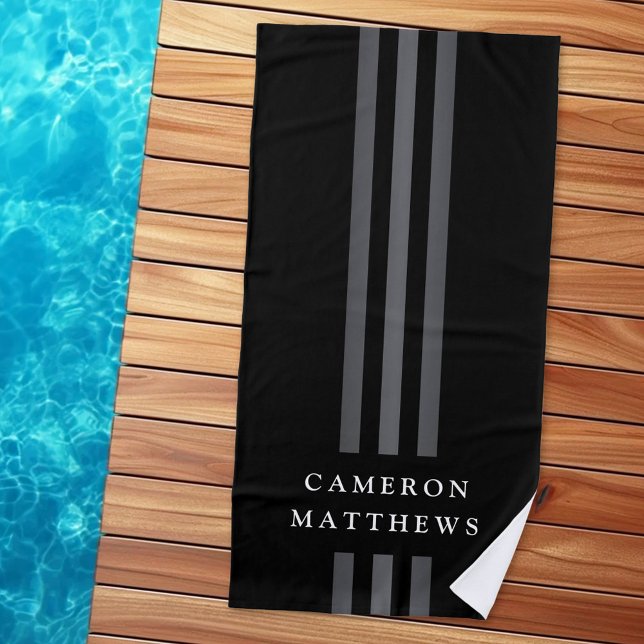 Toalha De Praia Linhas escuras elegantes, preto monograma moderno (Elegant dark lines modern monogrammed black beach towel)