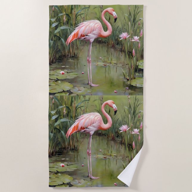 Toalha De Praia Lírios De Água Flamingo, Rosa, E Pintura De Óleo D (Frente)