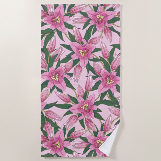 Toalha De Praia Lírios Sangrentos de Rosa Pastel (Frente)