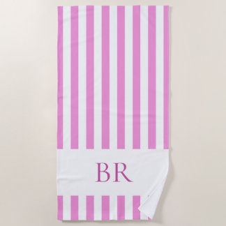 Toalha De Praia Listra de Cabana Rosa e Branco com Monograma Perso