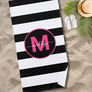 Toalha De Praia Listra Preto Branco Rosa Quente Monograma Nome