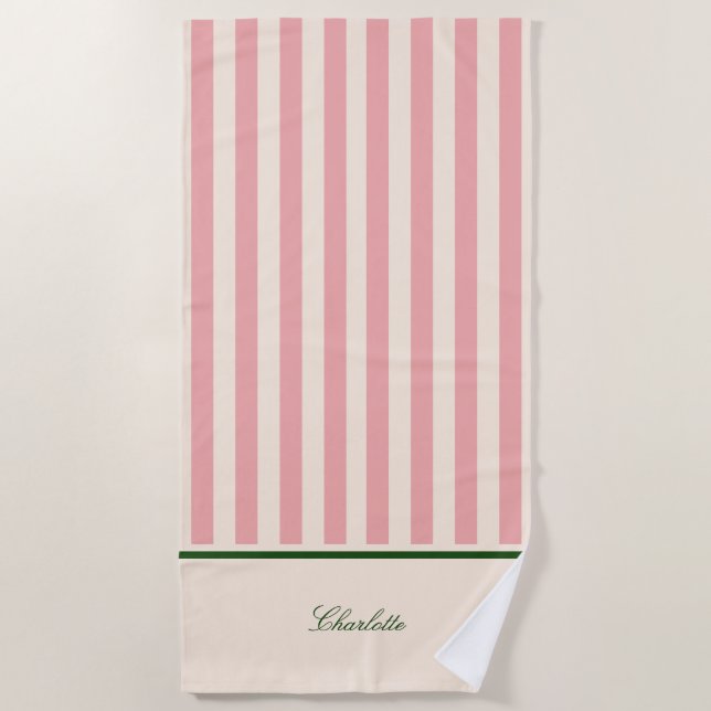 Toalha De Praia Listra Rosa Bege Préppy (Frente)