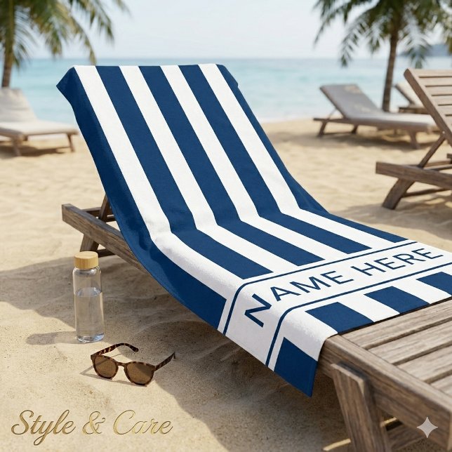 Toalha de Praia Listrada Azul Marinho e Branco com (Navy Blue White Striped Beach Towel with Name)