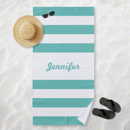 Toalha De Praia Listras de Teal e Branco Personalizadas Chic