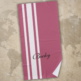 Toalha De Praia Listras Elegantes Rosa e Branco Racing Nome