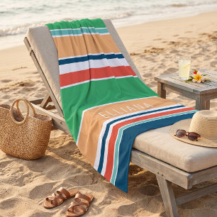 Toalha De Praia Listras Laranja Amarelo Verde Azul Teal Escuro Per