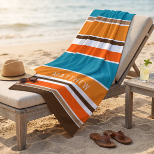 Toalha De Praia Listras personalizadas em azul teal, ocre, amarelo