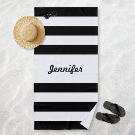 Toalha De Praia Listras Pretas e Brancas Chic Personalizadas