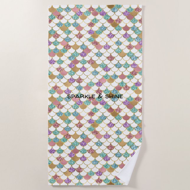 Toalha De Praia Lítima de Sereia Dourada Rosa-Azul (Frente)