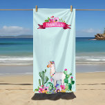 Toalha De Praia Llama e Cactus, Monogramas florais<br><div class="desc">Esta divertida design apresenta ilustrações de aquarela de uma pequena lama cercada por cactus suculentos e flores. Personalize o design com seu nome monograma ou outro texto em uma faixa rosa com flores brilhantes. Use as ferramentas de design para escolher qualquer cor de fundo, editar as fontes de texto e...</div>