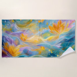 Toalha De Praia Lótus Dourado Abstrato Flores Flutuantes