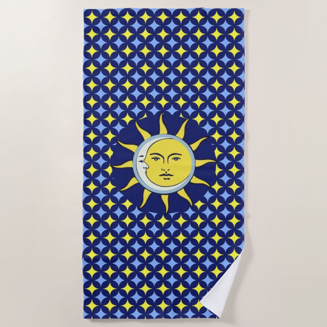 Toalha De Praia Lua & Sol no padrão de estrela azul e amarelo (Frente)