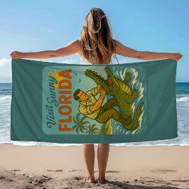 Toalha De Praia Luta de Jacaré na Flórida | Praia Retrô Divertida