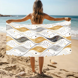 Toalha De Praia Luxo Dourado Prata Preto Art Déco Padrão Abstrato