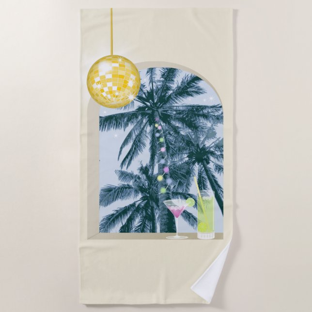 Toalha De Praia Luzes de festa Cocktails Disco Palmas em Amarelo (Frente)