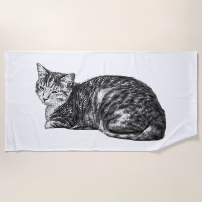 Toalha De Praia Lying Tabby Cat Monocrome Beach Towel (Frente)