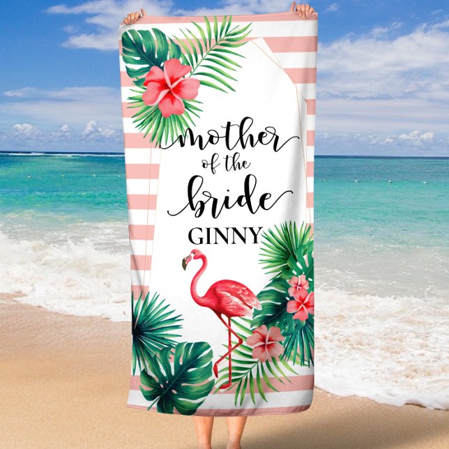 Toalha De Praia Mãe Tropical Rosa Flamingo do Costume da Noiva (Pink Flamingo Tropical Mother of the Bride Custom Beach Towel)