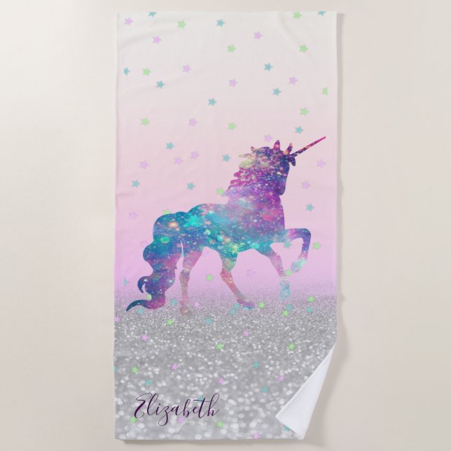Toalha De Praia Magic Unicorn, Stars, Silver Glitter Bokeh (Frente)