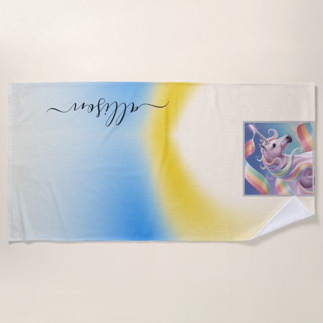 Toalha De Praia Magical Rainbow Unicorn name Personalized  (Frente)