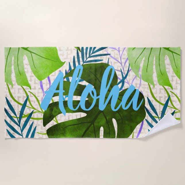 Toalha De Praia Maleah Monstera Tropical Havaiana - Verde-Aquarela (Frente)
