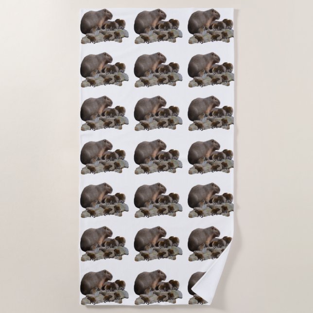 Toalha De Praia Mamãe E Bebê Capybaras, (Frente)