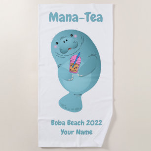 Toalha De Praia Mana-tea Manatee Personalizada Boba Tea Beach Towe