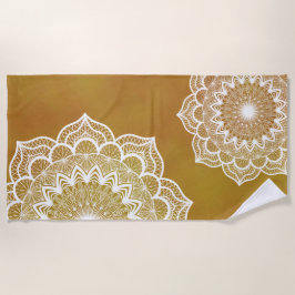 Toalha De Praia Mandala Branco em Fundo Dourado