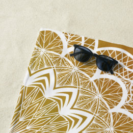 Toalha De Praia Mandala Branco em Fundo Dourado